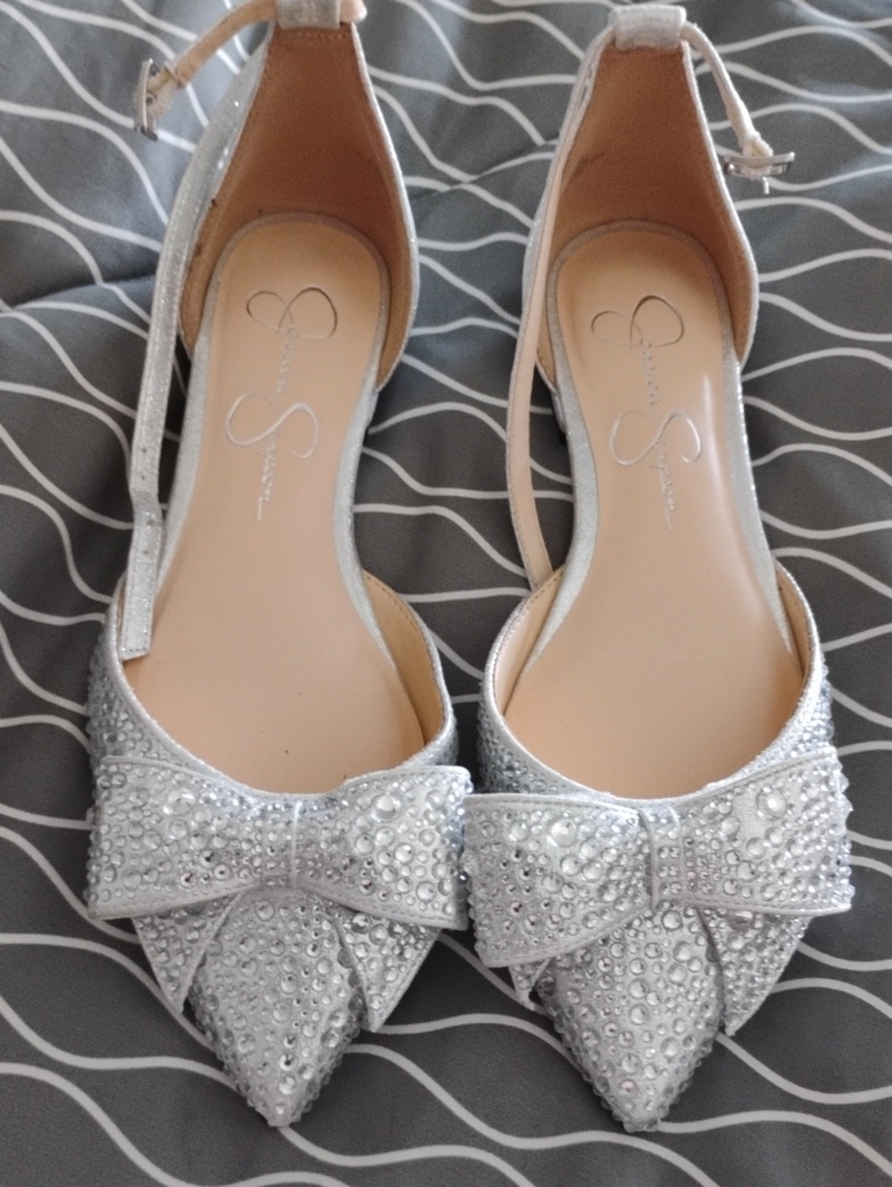 Jessica Simpson Silver Crystal Bow Pointed-Toe Flats